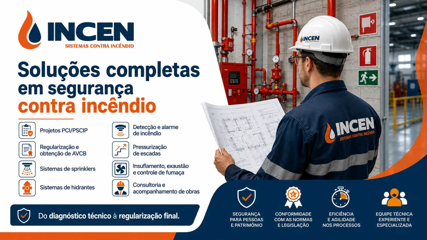 Soluções completas em segurança contra incêndio da Incen: projetos PCI/PSCIP, regularização e AVCB, sprinklers, hidrantes, detecção e alarme, pressurização de escadas, insuflamento e exaustão, consultoria e acompanhamento de obras