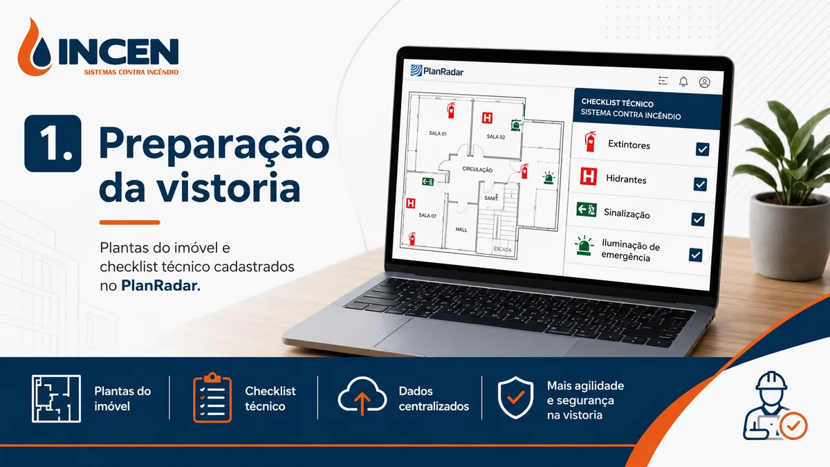 Preparação da vistoria: plantas do imóvel e checklist técnico cadastrados no PlanRadar antes da visita