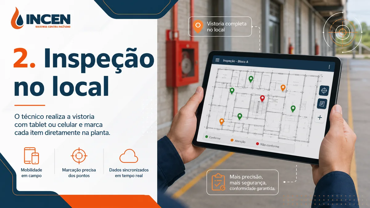Técnico realizando inspeção no local com tablet, marcando pontos de conformidade direto na planta digital