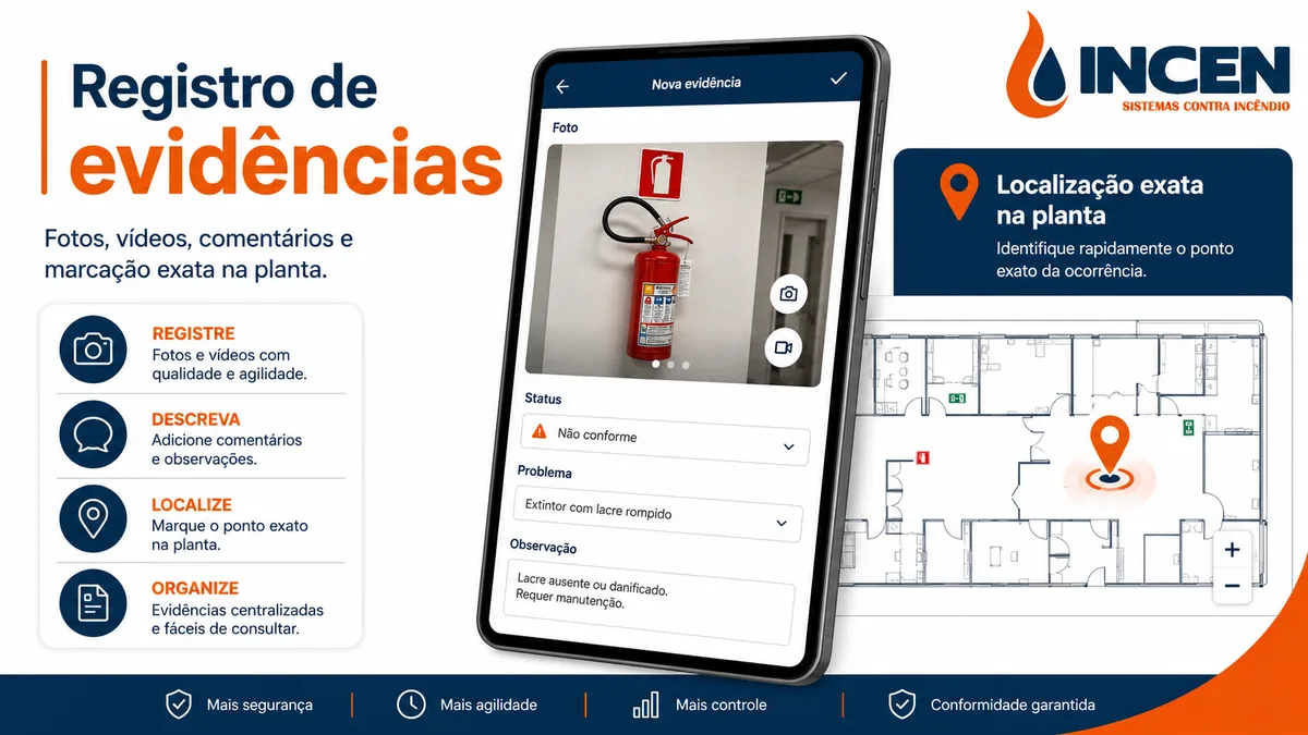 Registro de evidência fotográfica de um extintor no aplicativo PlanRadar, com status e observações